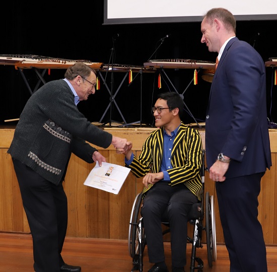 Tom Newell from the Newtown Neighbourhood Centre with Mayor Darcy Byrne and Zarni Tun 2019 Young Citizen of the Year and member of the Balmain Parra Rowing Team
